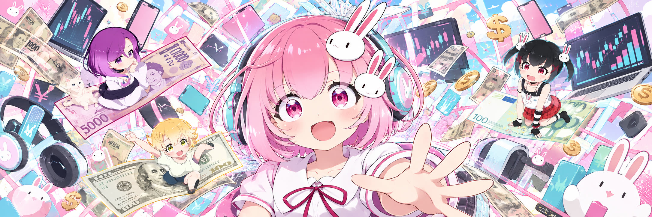 Kurumi reaching out of a storm of charts, phones and banknotes